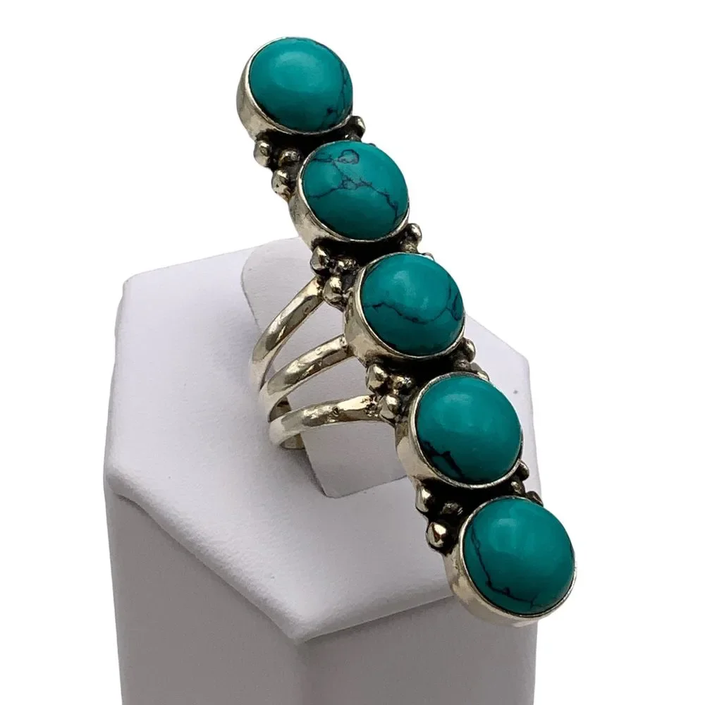 Long Turquoise Solid 925 Sterling Silver Ring - Picture 4 of 5
